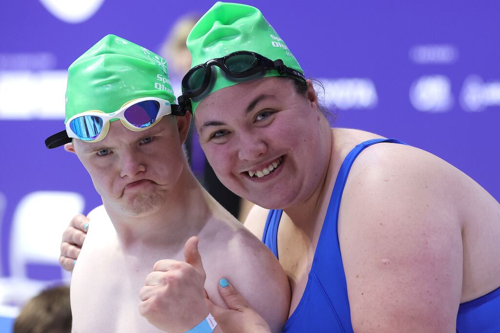 Jack Egan (22) and Patricia Larkin (26) of Ireland during day four of the Special Olympics World Games in Berlin. Photograph: Alexander Hassenstein/Getty Images