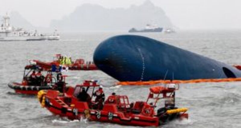 A file image from April showing rescue operations underway after the ferry Sewol sank in waters off Jindo Island, in the southwestern province of South Jeolla, South Korea. Photograph: EPA