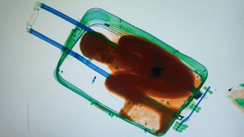 A photograph provided by Spanish Guardia Civil shows an X-ray image showing an 8-year-old sub-Saharan boy hidden in a suitcase. Photograph: Guardia Civil/AFP/Getty Images