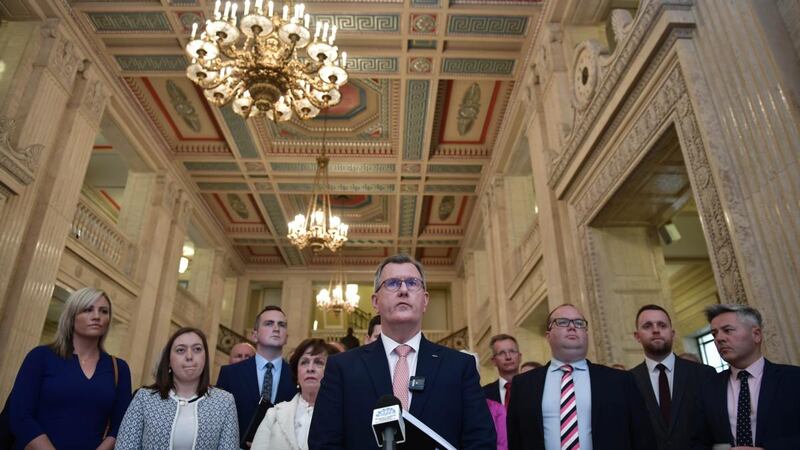 DUP leader Sir Jeffrey Donaldson holds a press conference in the Great Hall following talks with Northern Ireland Secretary of State Brandon Lewis at Stormont. Photograph: Charles McQuillan/Getty