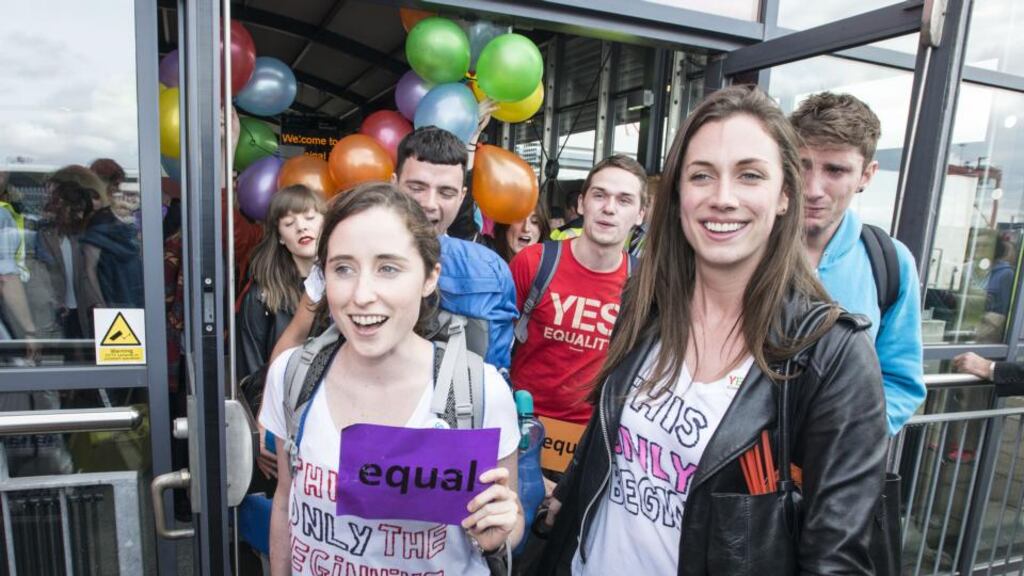 Members of ‘Boat to Vote’, a group of Irish people returning to Dublin from London to vote in the May 22nd same-sex marriage referendum. Photograph: Dave Meehan