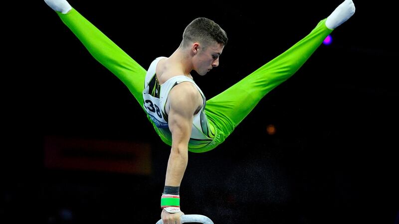 Ireland’s Rhys McClenaghan performs at the pommel horse during the apparatus finals at the FIG Artistic Gymnastics World Championships at the Hanns-Martin-Schleyer Halle in Stuttgart. Photograph: Thomas Kienzle/AFP via Getty Images