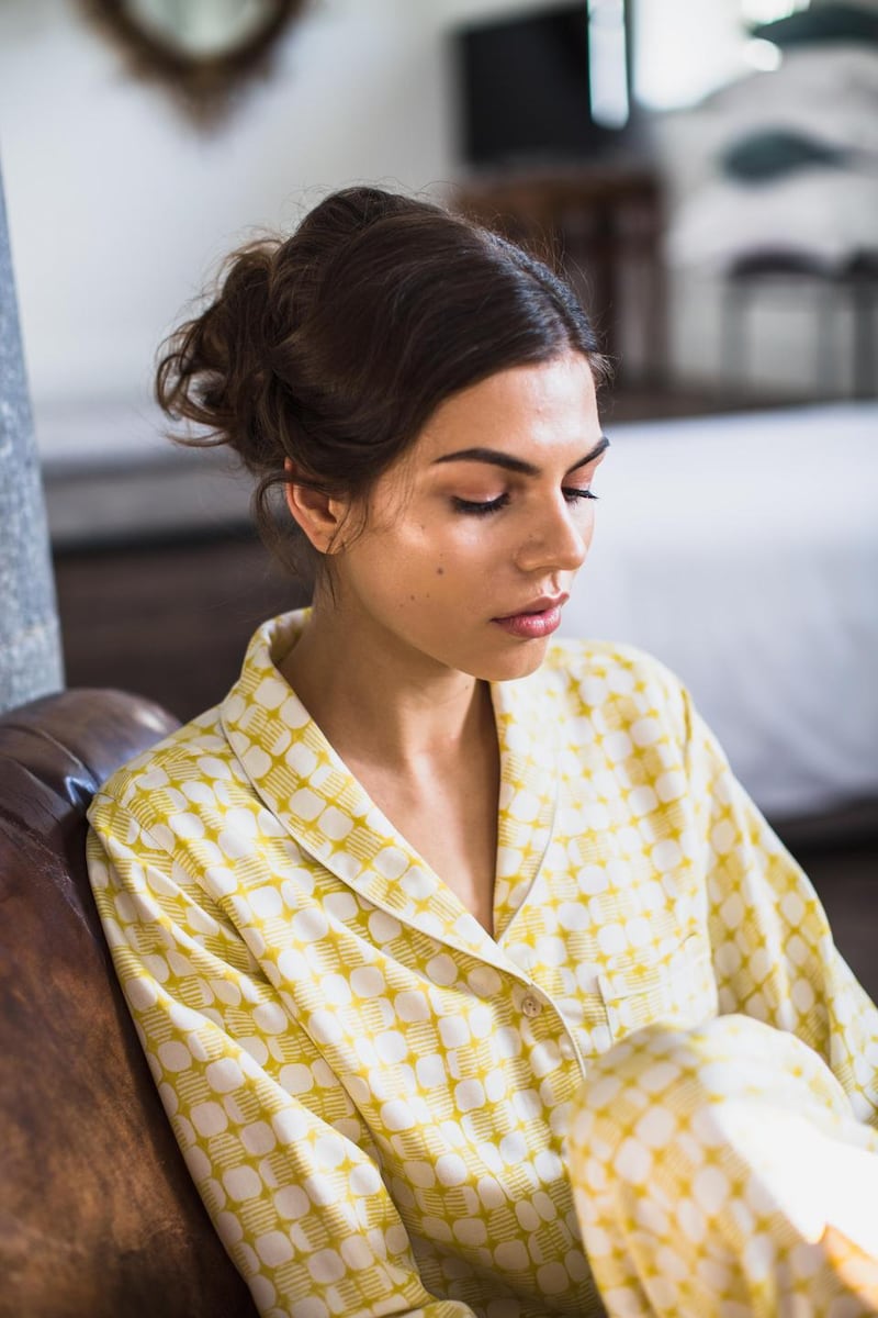 The Ethical Silk Company’s gold print silk pyjamas, €245. The collection is inspired by the colours of Jaipur. Photograph: Dara Munnis