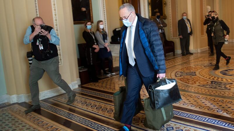 Senate majority leader Charles Schumer in the Capitol on Monday before the impeachment trial began. Photograph: Brendan Smialowski/AFP via Getty Images