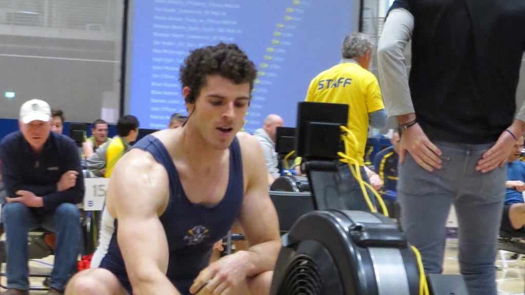 Philip Doyle after setting a new Irish record on the ergometer for 2,000 metres at the Irish Indoor Rowing Championships in Limerick. Photograph: Liam Gorman
