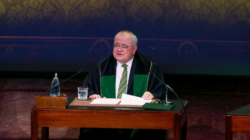 Ceann Comhairle Seán Ó Fearghaíl TD speaking at the commemoration in the round room at the Mansion House in Dublin of the centenary of the first Dáil. Photograph: Maxwells.