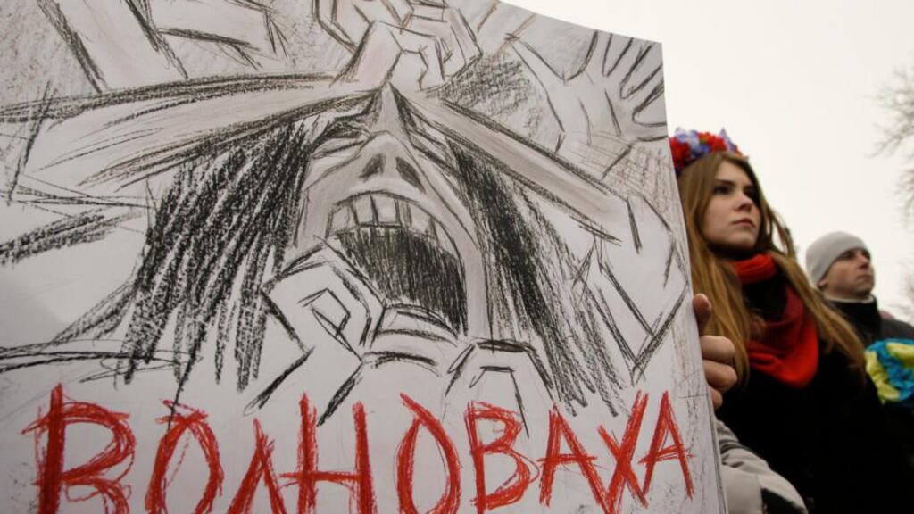 Local people hold a placard with the words ‘Volnovakha’, during their march in memory of the victims of a civilian bus shelling in eastern Ukraine in the Volnovakha city, Ukraine. In the worst incident in recent months, 12 civilians were killed and 18 injured when an artillery shell hit a bus in the eastern Donetsk region on 13 January, local authorities said. The bus was standing at a Ukrainian army checkpoint near the town of Volnovakha when it was hit by a shell fired from pro-Russian separatists, the Kiev-loyal regional government said in a statement. Photograph: Alexander Ermoochenko/EPA