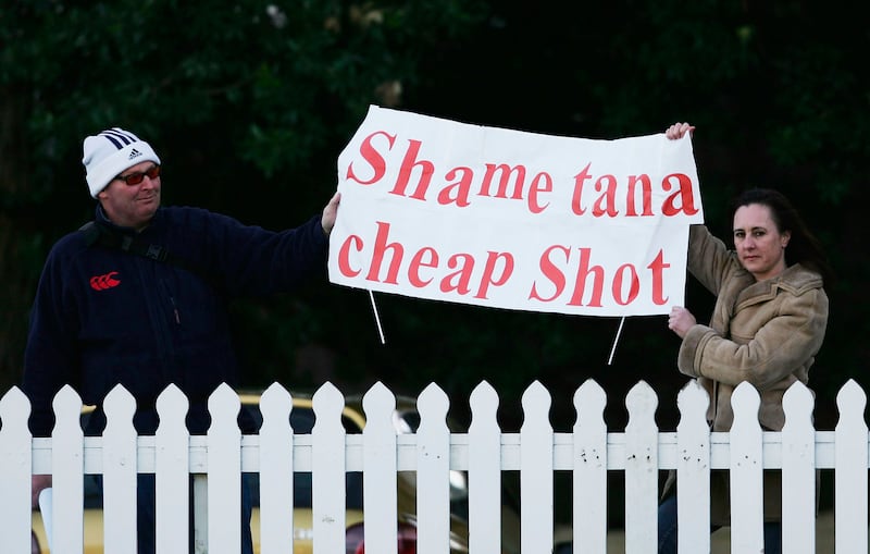 Fans turned up at a New Zealand training session in Wellington, in June, 2005, to let Tana Umaga know what they thought of his part in the spear tackle that ended Brian O'Driscoll's Lions tour. Photograph: Shaun Botterill/Getty Images