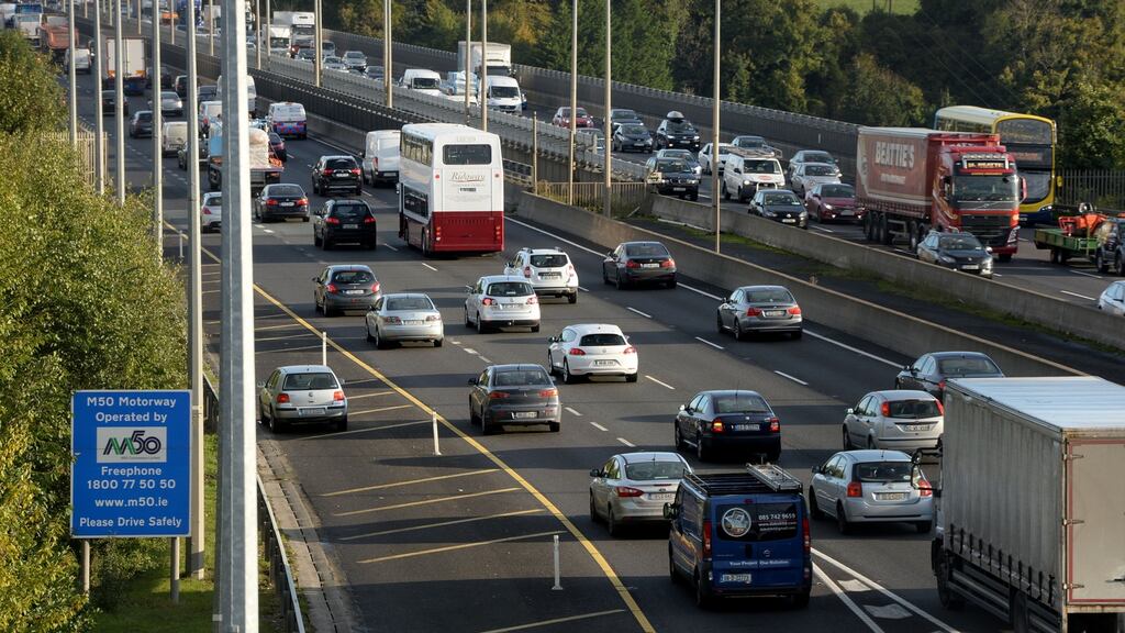 Traffic on Dublin’s M50: The standard M50 toll for an unregistered private car is €3.10 and must be paid before 8pm the following day. Photograph: Alan Betson