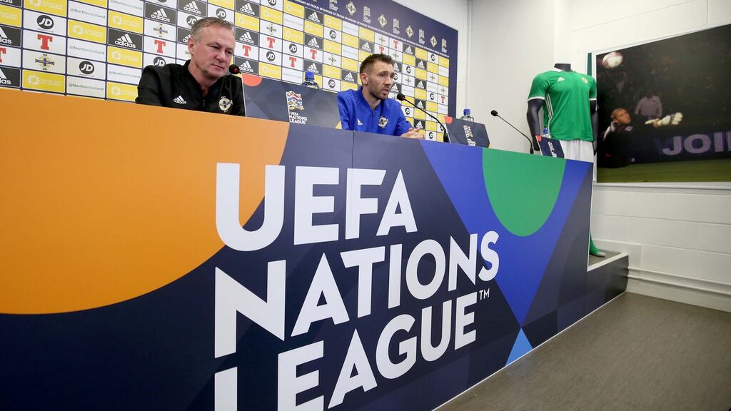 Northern Ireland manager Michael O’Neill talks to the press at Windsor Park. Photograph: Matt Mackey/Inpho