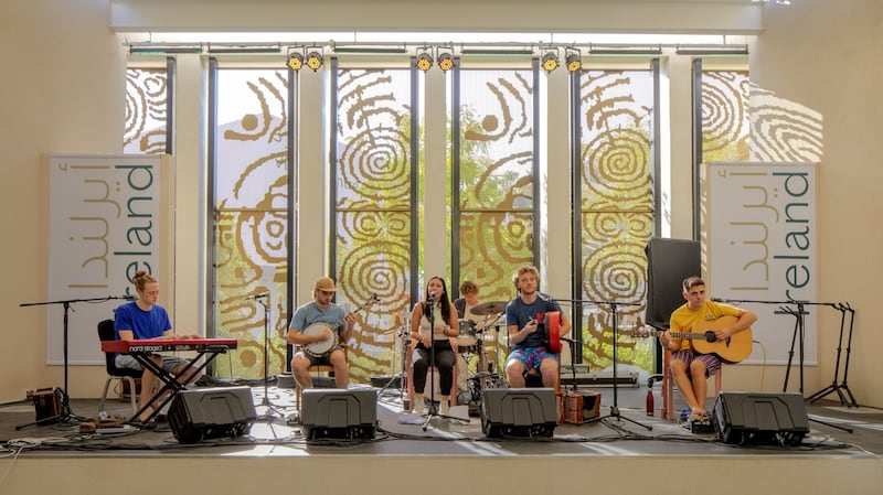 The Expo Players in the Irish Pavilion, from left, Jos Kelly, Ted Kelly, Julia Spanu, Joss Sampson, Darren Roche and Richard Delahunty