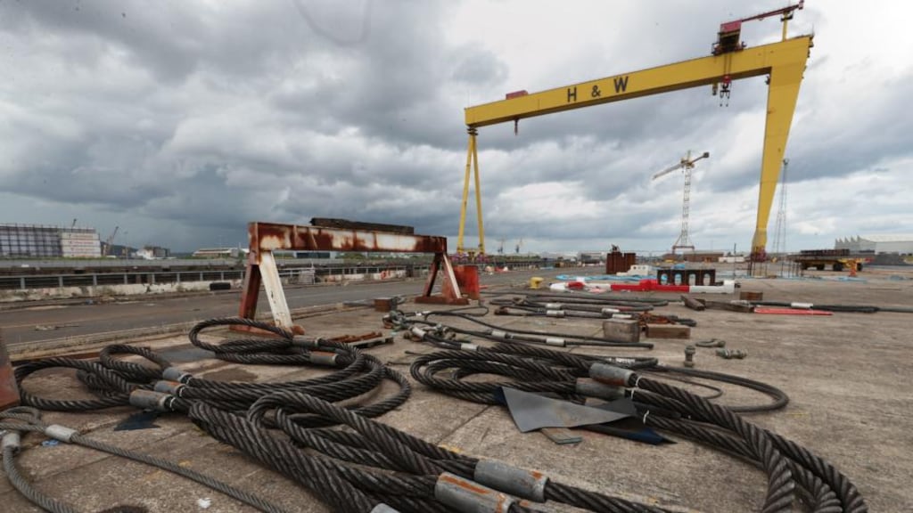 Metal cables lie in the rig area in front of the Samson crane at the Harland and Wolff shipyard, which has gone into administration. Photograph: Liam McBurney/PA Wire
