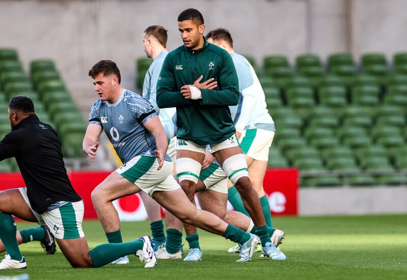 Gus McCarthy and Cormac Izuchukwu training at the Aviva Stadium on Friday in advance of Saturday's match against Fiji. Photograph: Billy Stickland/Inpho