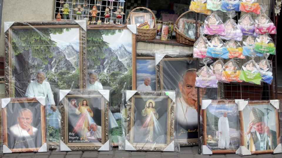 A souvenir stall in Wadowice. Photograph:Tomas Benedikovic/ISIFA/SME/Getty Images