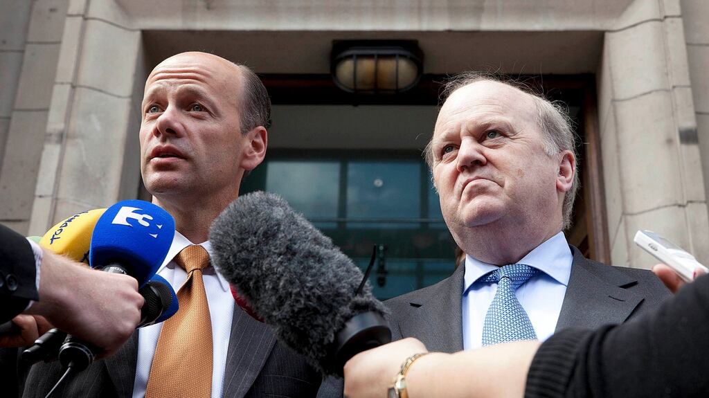 Silicon Valley Bank CEO Greg Becker with Minister for Finance Michael Noonan in 2012. Photograph: Peter Houlihan/Fennells
