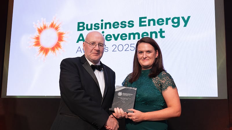 Michael Conlon, awards judge, presents the best energy achievement in food and beverage - large to Rebecca Thompson, Kepak