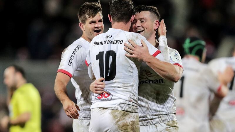 Ulster’s John Cooney celebrates at the final whistle with Louis Ludik and Billy Burns. Photograph: Laszlo Geczo/Inpho