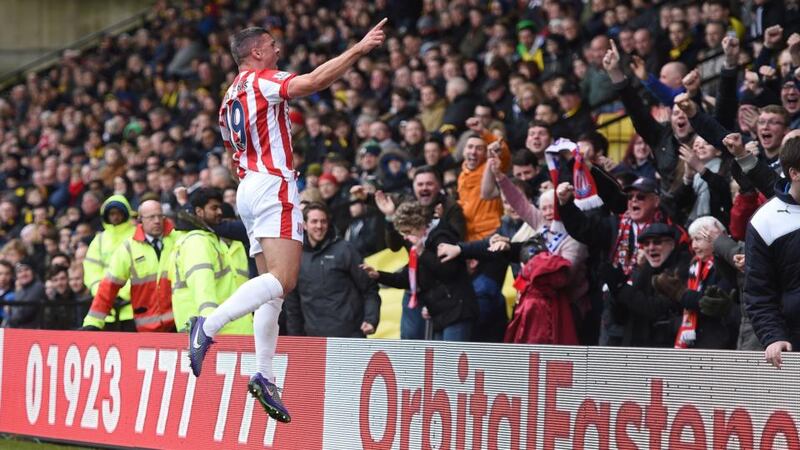 Stoke City’s Jonathan Walters celebrates scoring his side’s first goal of the Premier League match against Watford at Vicarage Road. Photograph: Daniel Hambury/PA Wire