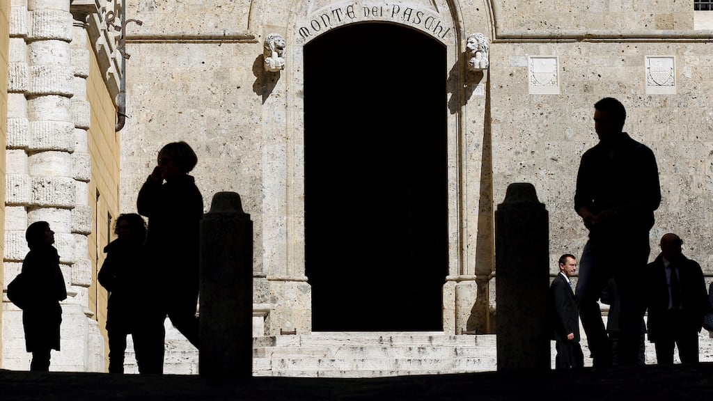 The main entrance of the Monte dei Paschi bank headquarters in Siena. Earlier this week, the ECB told the bank its capital shortfall had risen to €8.8 billion. Photograph: Max Rossi/Reuters