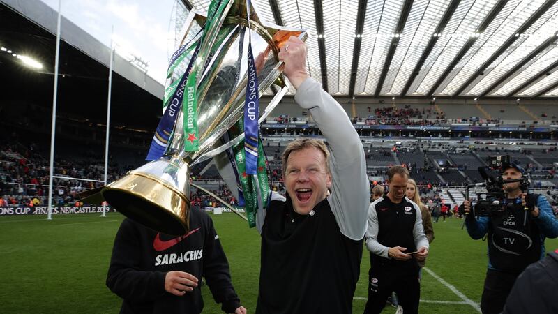 Saracens’ director of rugby Mark McCall celebrates after his side’s victory over Leinster in the Heineken Champions Cup final at St James’ Park, Newcastle on Saturday. Photograph: Billy Stickland/Inpho