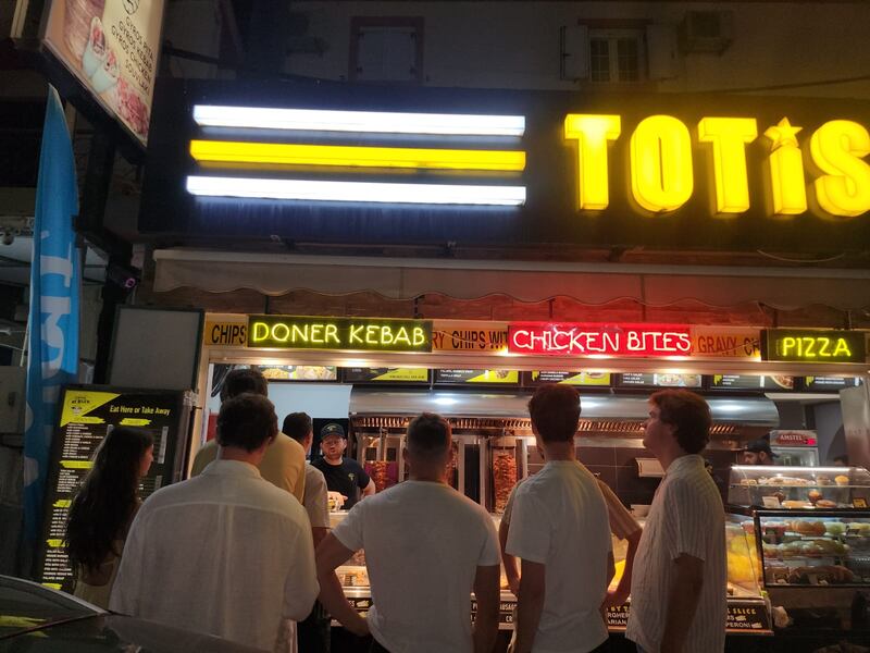 Tourist queue for a kebab at the end of the night in Laganas, Zante