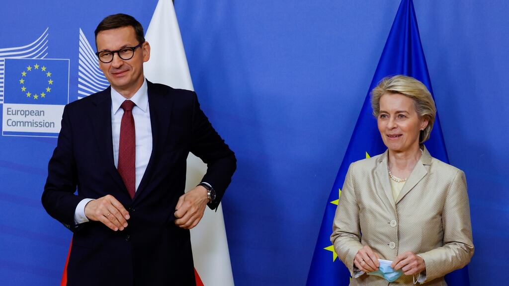 Poland’s prime minister Mateusz Morawiecki and European Commission president Ursula von der Leyen at a meeting in Brussels on Tuesday. Photograph: Pascal Rossignol