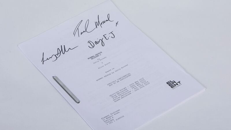 Episode one script from the show Normal People, signed by stars Paul Mescal, Daisy Edgar-Jones and director Lenny Abrahamson. Photograph: SON Photographic Ltd T/A Coalesce/PA Wire
