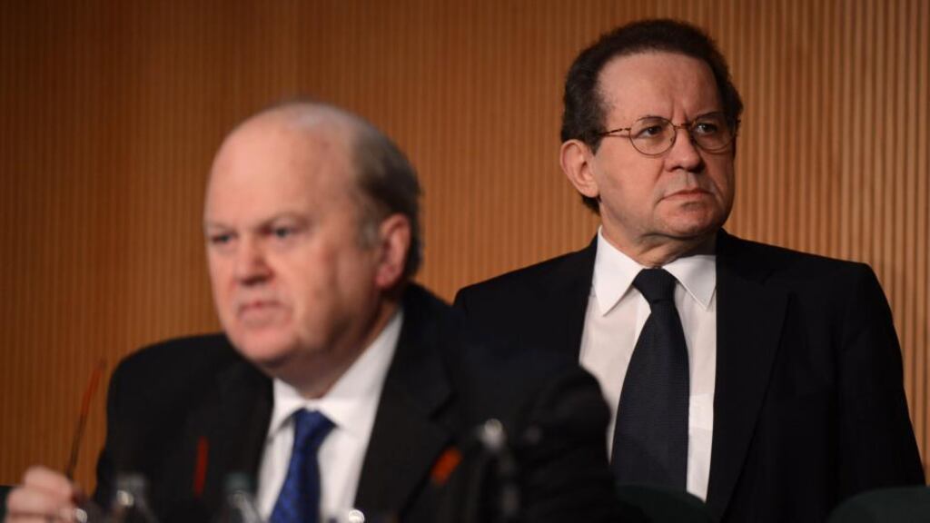 Minister for Finance Michael Noonan with ECB vice president Vitor Constancio at the IIEA conference on the future of banking in Europe in Dublin today. Photograph: Cyril Byrne/The Irish Times