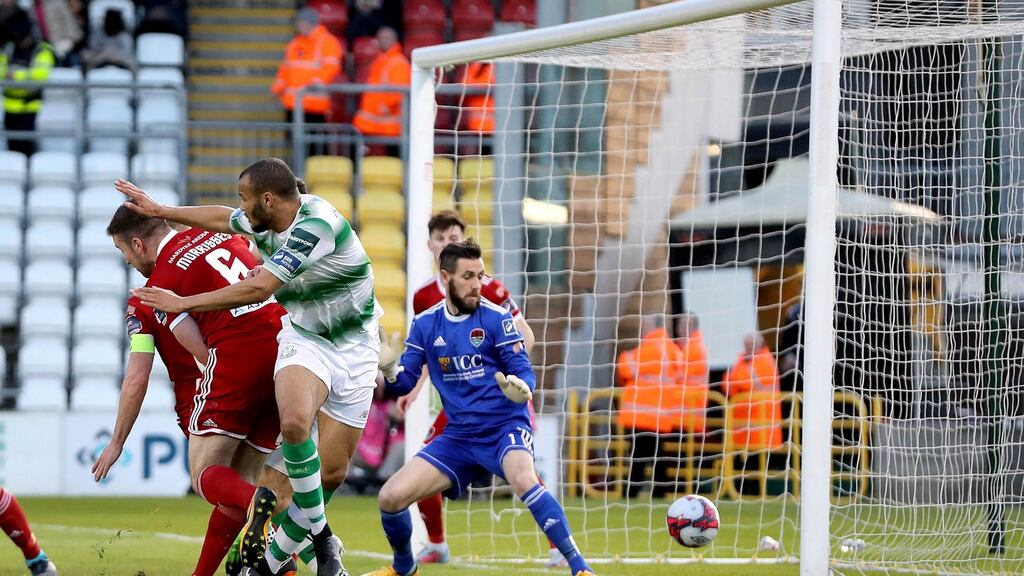 Shamrock Rovers’ Ethan Boyle scores their second goal of the game past Mark McNulty of Cork City. Photo: Ryan Byrne/Inpho