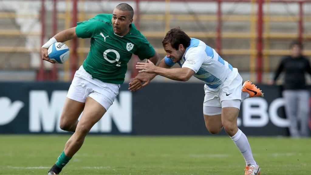 Ireland’s Simon Zebo in action against Argentina’s Nicolas Sanchez during last Saturday’s first Test at the Estadio Centenario.