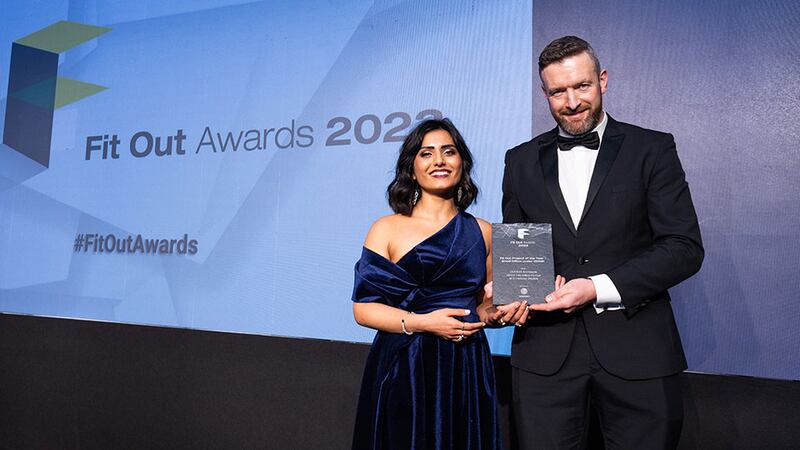 Aaron Murphy, contracts director at Globoserv, presents the fit out project of the year – small office under €500K award to Mahrukh Shah, Comma Architects