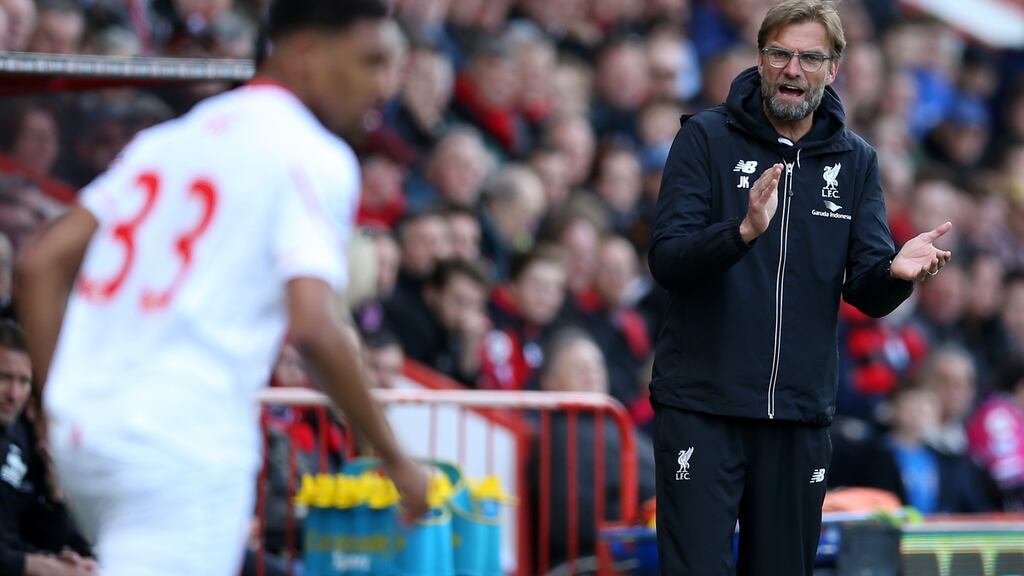 Jurgen Klopp, manager of Liverpool encourages Jordon Ibe at the Vitality Stadium in Bournemouth. Photograph: Steve Bardens/Getty Images