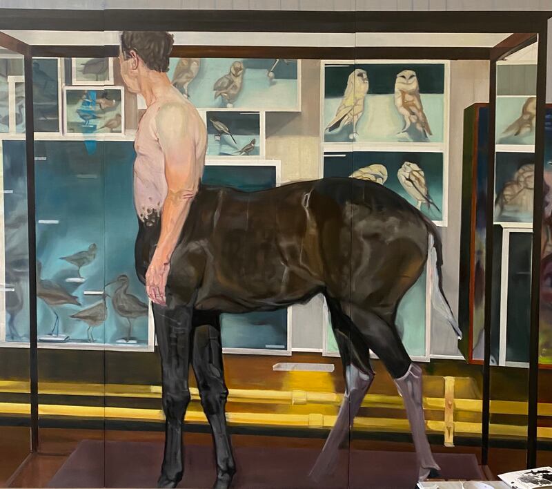 Hibernica Centaurus (2023), a triptych by Dominique Crowley, oil and acrylic resin on braced wood panels