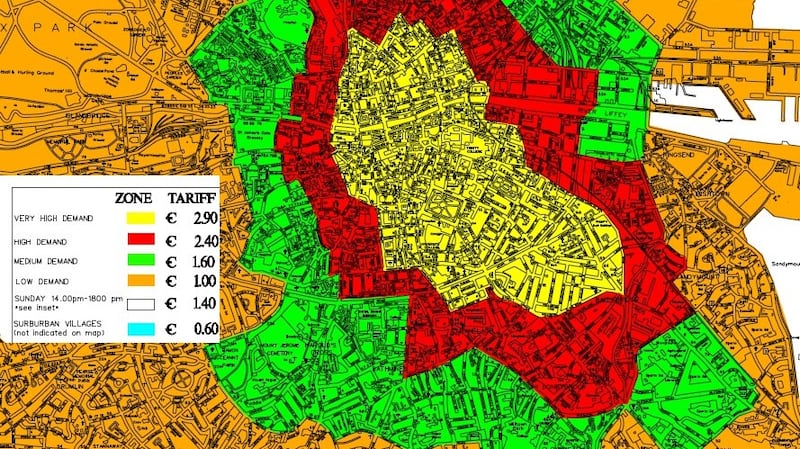 A map showing the four parking zones in Dublin city centre and the current charges associated with each.