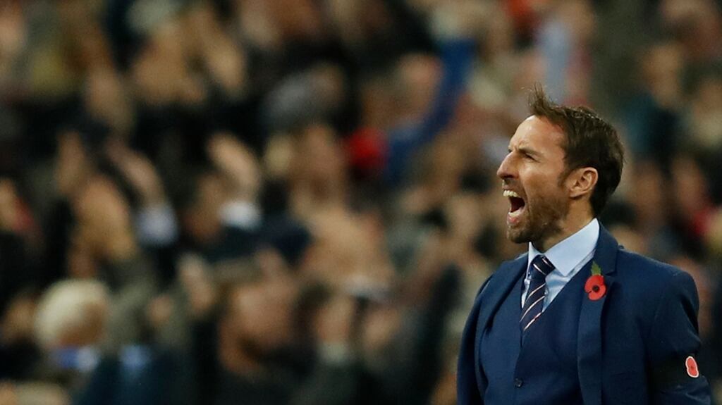 England interim manager Gareth Southgate celebrates after Gary Cahill scored their third goal in the World Cup qualifier against Scotland at Wembley Stadium. Photograph: Carl Recine/Action Imagesvia Reuters/Livepic
