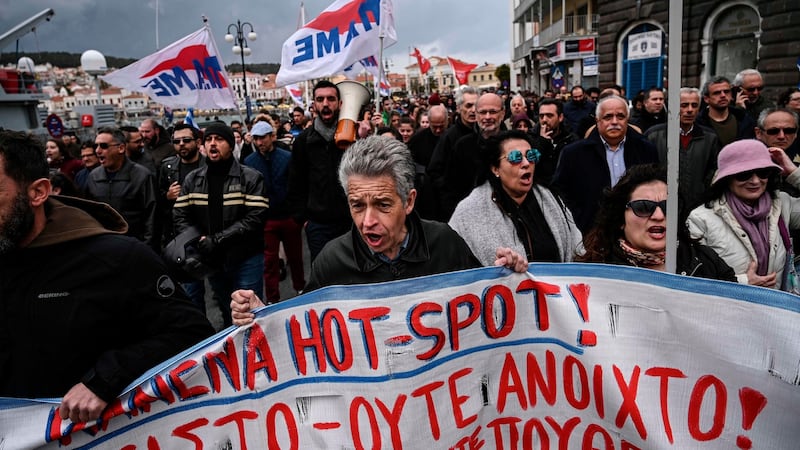 Demonstrators protest against the construction of new migrant camps in Mytilene, Lesbos, on February 27th. Photograph: Aris Messinis/AFP via Getty Images
