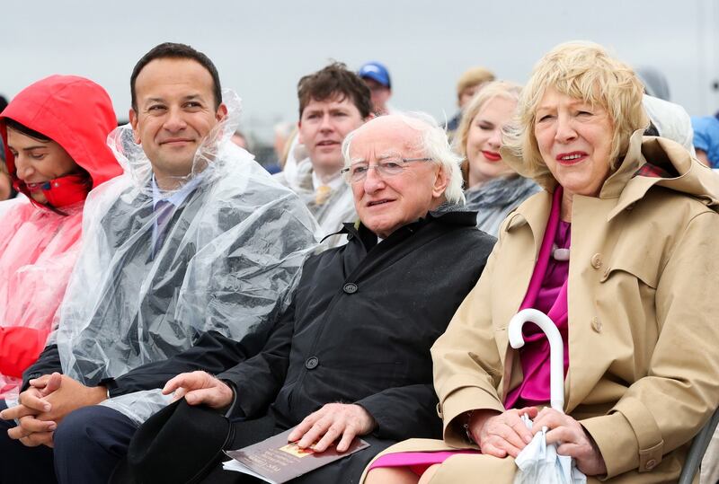 Taoiseach Leo Varadkar, President Michael D Higginss and his wife Sabina Coyne attend the closing Mass at the end of Pope Francis's visit to Ireland, in the Phoenix Park, Dublin. Photograph: Maxwell Photography/Getty Images