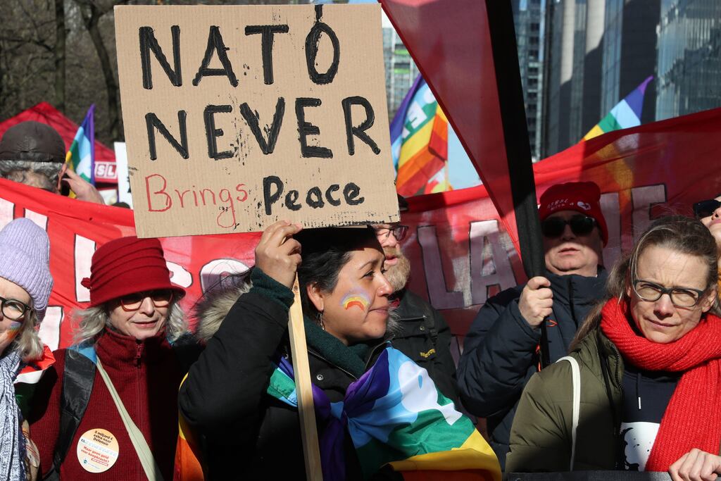 Anti-war protesters at a Stop the war in Ukraine rally organised by the Europe for Peace and Solidarity collective, in Brussels, Belgium, last Sunday, February 26th. Photograph: Nicolas Maeterlinck/Belga/AFP/Getty