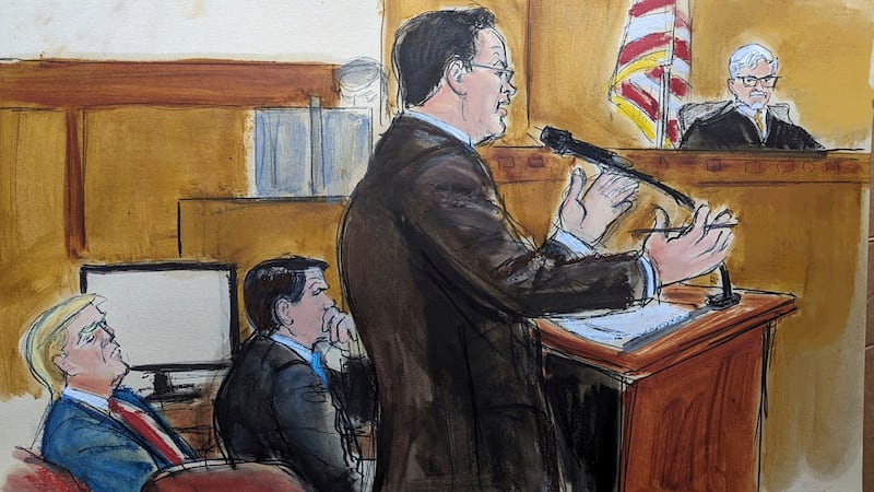 An artist's impression of sssistant district attorney Joshua Steinglass delivering the prosecution closing arguments in Donald Trump’s criminal trial in New York. Photograph: Elizabeth Williams/AP