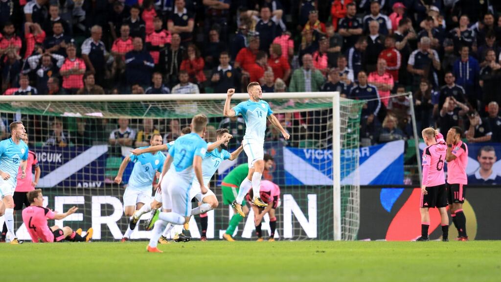Slovenia’s Roman Bezjac celebrates scoring his side’s second goal of the game during the 2018 FIFA World Cup Qualifying Group F match at Stadion Stozice, Ljubljana. Photo: Adam Davy/PA