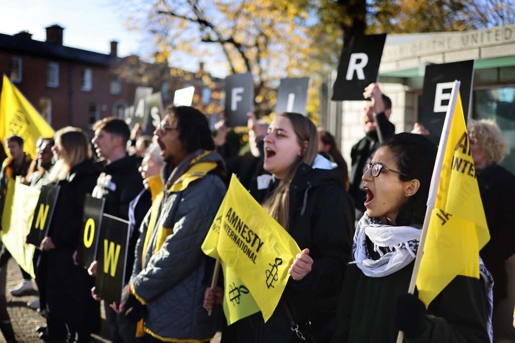 Amnesty International Ireland staff and activists call for a ceasefire in Gaza during a protest outside the US Embassy earlier this year. Photograph: Dara Mac Dónaill / The Irish Times