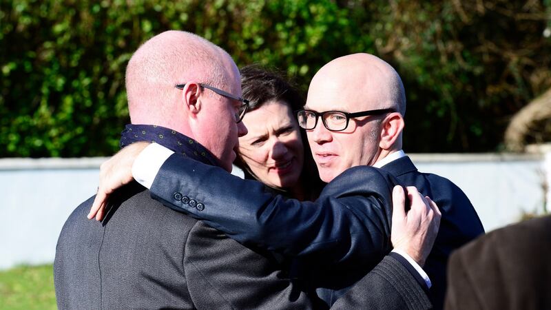 Fianna Fáil TD Stephen Donnelly (left) with digital artist Phil McDarby at the funeral of Simon Fitzmaurice at St Kilian’s Church, Blacklion, Greystones. Photograph: Cyril Byrne/The Irish Times