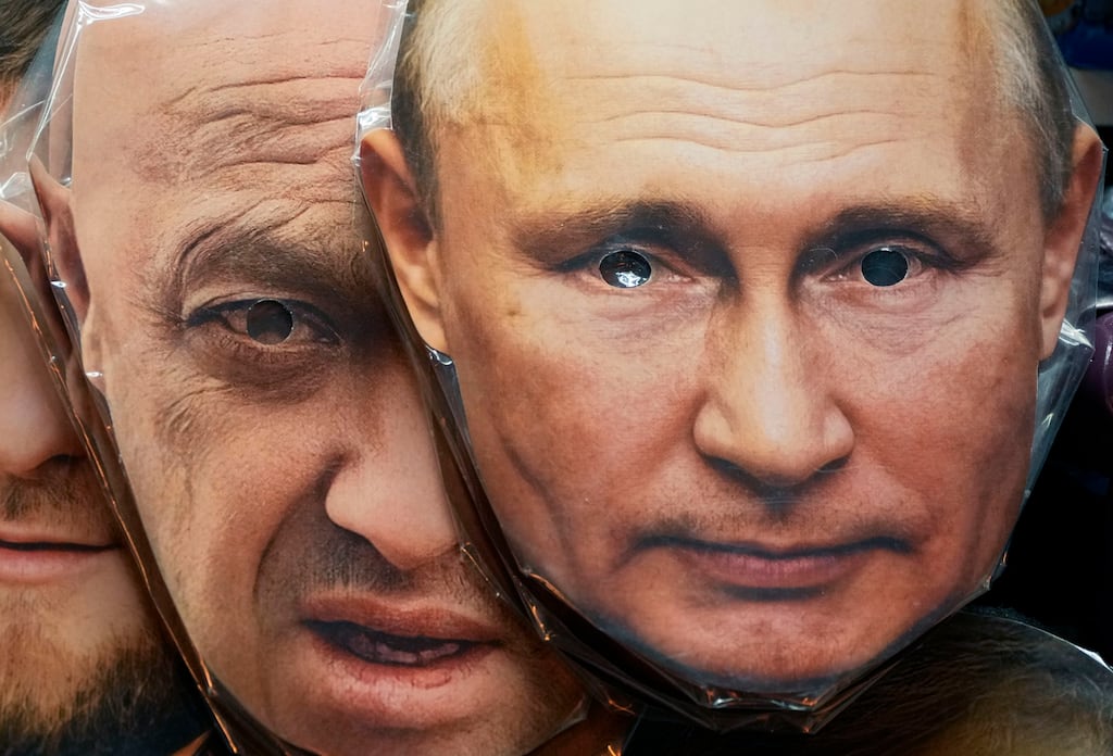 Face masks depicting the owner of private military company Wagner group Yevgeny Prigozhi and Russian president Vladimir Putin at a souvenir shop in St Petersburg earlier this month. Photograph: AP