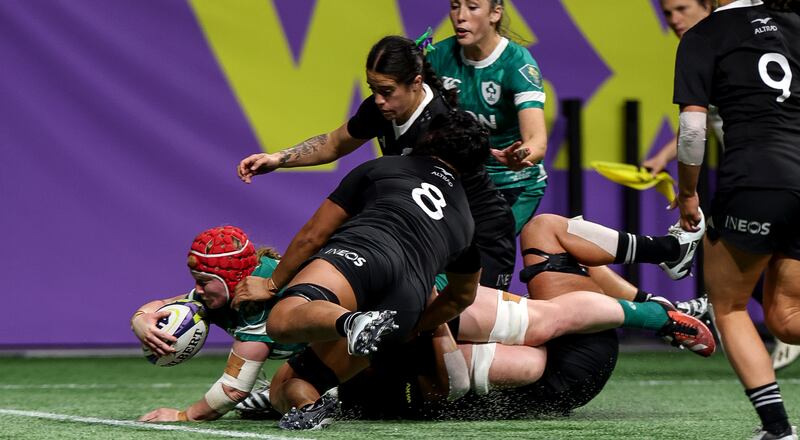 Ireland’s Aoife Wafer scores a try against New Zealand in their WXV1 game in Vancouver in September 2024. Photograph: Travis Prior/Inpho