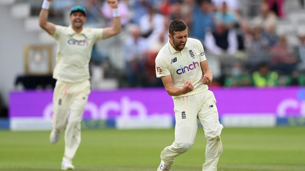 Mark Wood of England celebrates after dismissing Cheteshwar Pujara of India during the second Test at Lord’s. Photo: Mike Hewitt/Getty Images