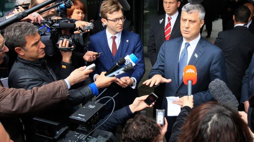 Kosovo's prime minister Hashim Thaci talks to the media after a meeting with Serbian prime minister Ivica Dacic and European Union foreign policy chief Catherine Ashton in Brussels today. Photograph: Yves Herman/Reuters