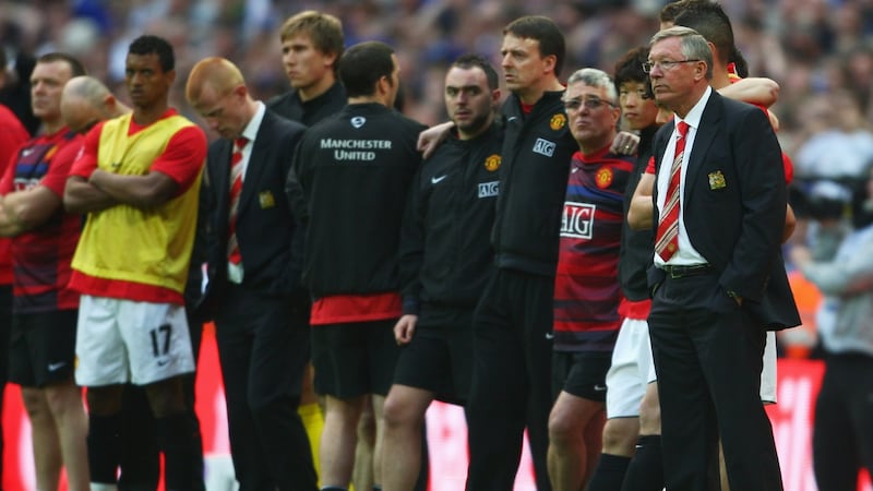 Manchester United manager Alex Ferguson looks on in the penalty shootout against Everton at Wembley Stadium in April 2009. Photograph: Jamie McDonald/Getty Images