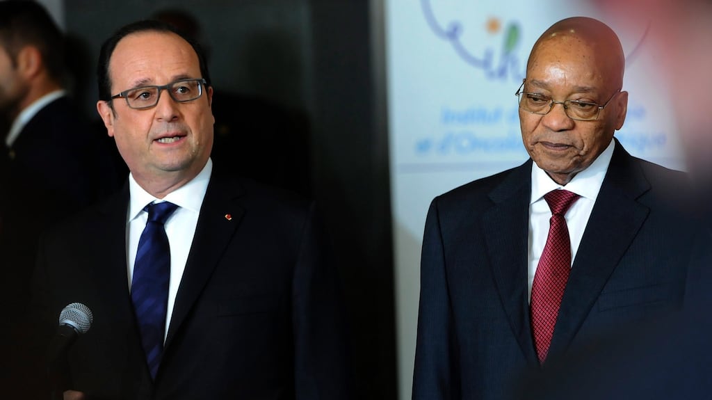 South African president Jacob Zuma (right) with French president François Hollande during a summit on health and sanitary security. Photograph: Olivier Anrigo/EPA