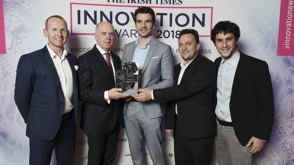 Irish Times managing director Liam Kavanagh (second from left) with Martin Woods, Niall Dennehy, Danny Curran and Nicola Paoli of Aid:Tech at the Irish Times Innovation Awards 2018. Photograph: Conor McCabe.