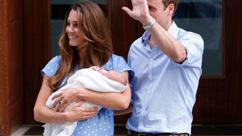 Britain’s Prince William and his wife Catherine, Duchess of Cambridge appear with their baby son, as they stand outside the Lindo Wing of St Mary’s Hospital this evening. Photograph: Reuters